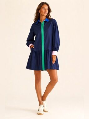 Addison Bay Colorblock Poplin Shirt Dress Navy Green Pink Size Large